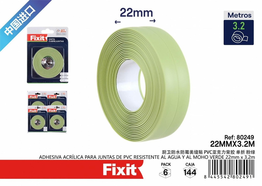 Cinta adhesiva acrílica para juntas de PVC resistente al agua y al moho verde 22mm*3.2m para baño y cocina