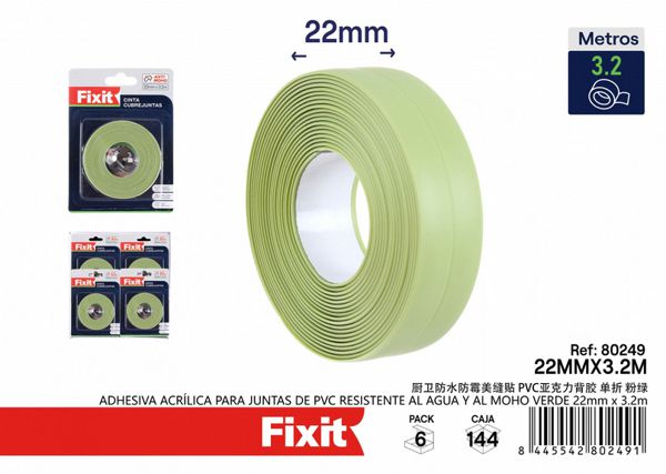 Cinta adhesiva acrílica para juntas de PVC resistente al agua y al moho verde 22mm*3.2m para baño y cocina