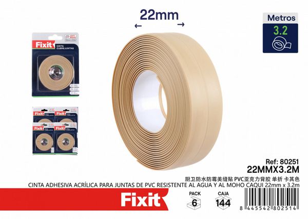 Cinta adhesiva acrílica para juntas PVC resistente al agua y moho caqui 22mm x 3.2m