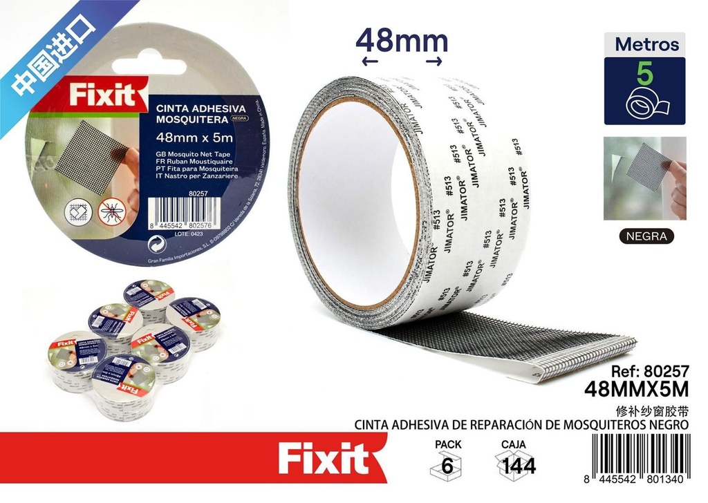 Cinta adhesiva de reparación de mosquiteros negra 48 mm*5 m - Material de reparación