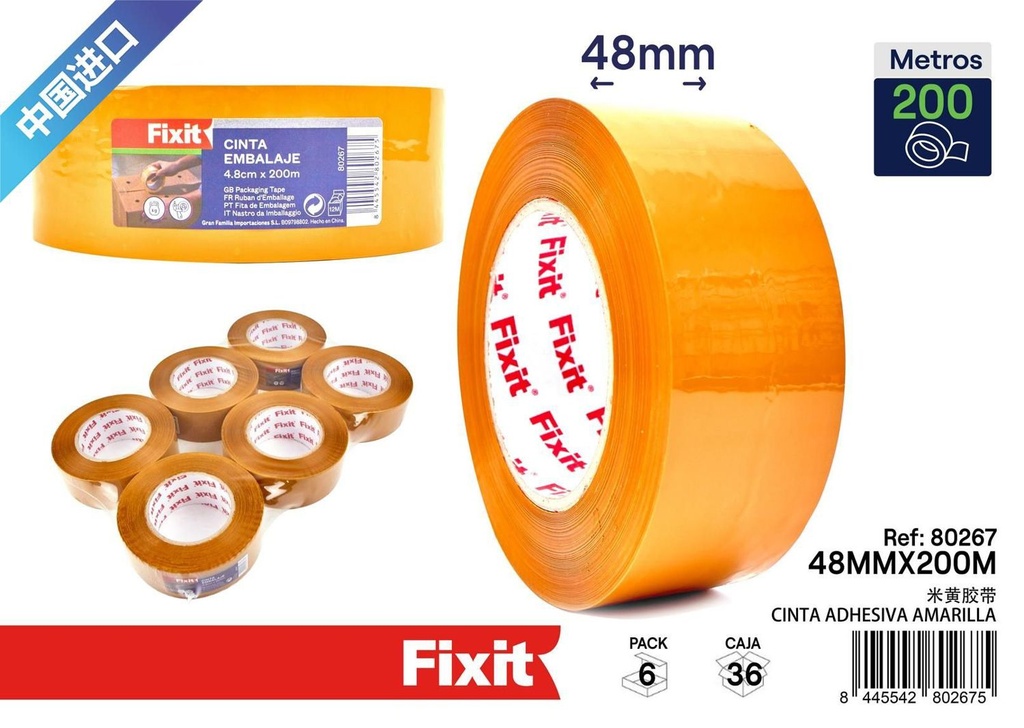 Cinta adhesiva amarilla 4.8x200m - Accesorios de ferretería