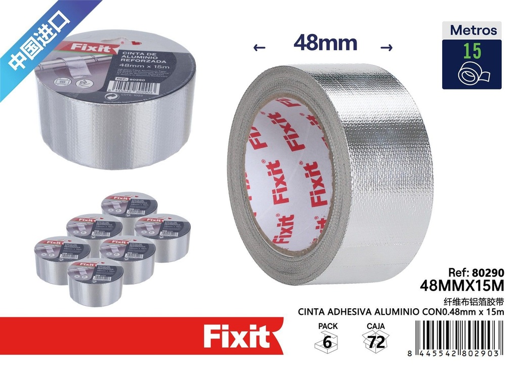Cinta adhesiva de aluminio con fibra 0.48x15m para sellado y reparación