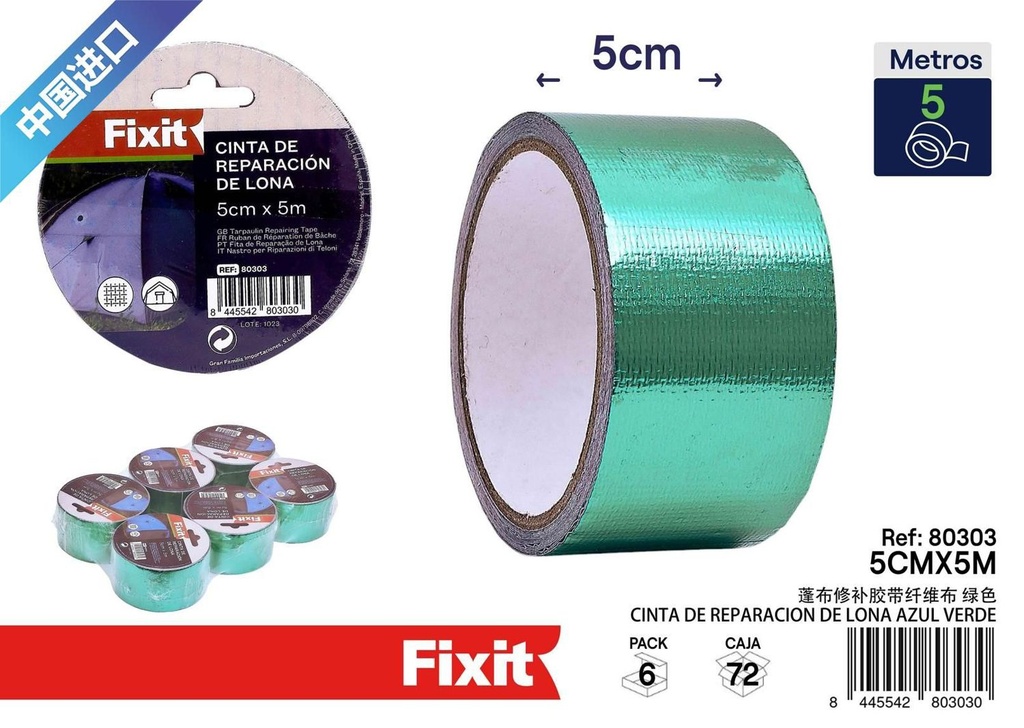 Cinta de reparación de lona verde 5cm*5m - Adhesivos y ferretería