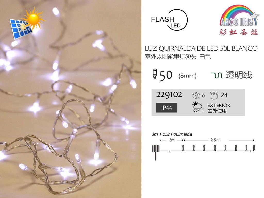 Guirnalda LED solar blanca 50 luces con 8 funciones