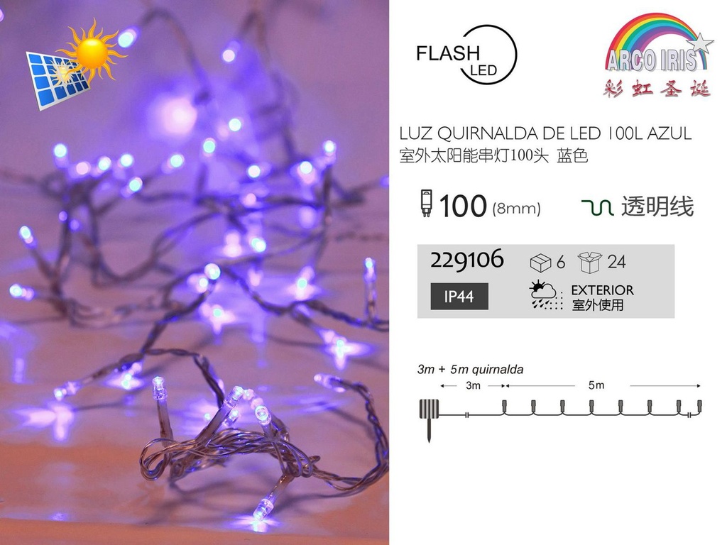 Guirnalda LED solar azul 100 luces con 8 funciones