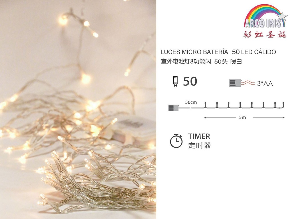 Luz de guirnalda LED con 3 pilas AA uso exterior, 50 luces, 6m, 8 funciones