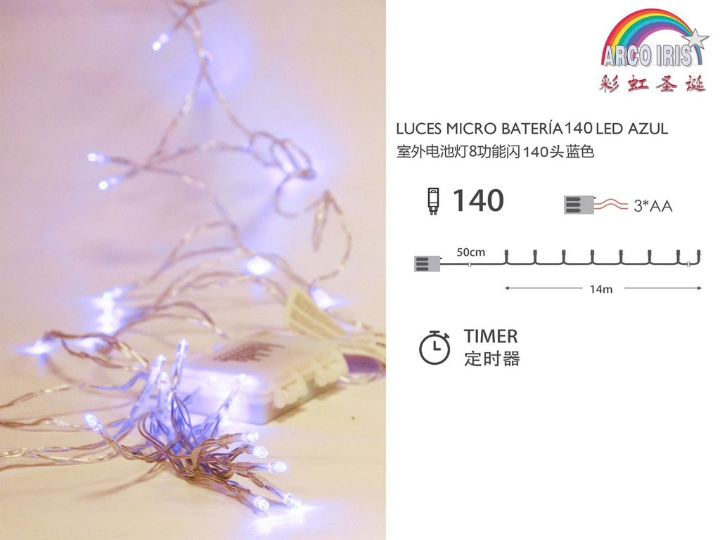 Luz de guirnalda con 3 pilas AA uso exterior azul 140 LEDs para Navidad