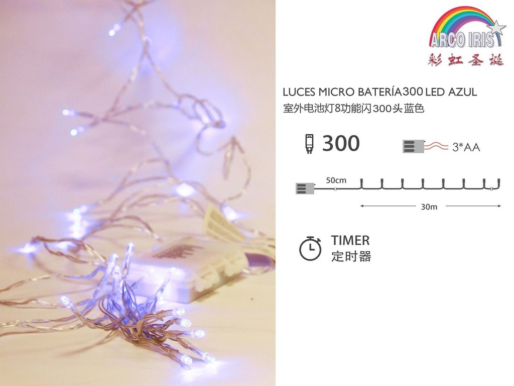 Guirnalda de luces 300 azules con 3 pilas AA para uso exterior