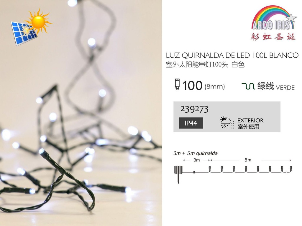 Guirnalda LED solar 100 luces blancas con 8 funciones para decoración navideña