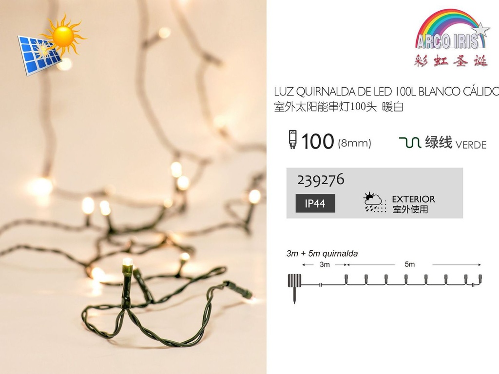 Guirnalda LED solar 100 luces blanco cálido cable verde exterior