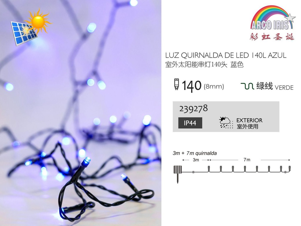 Guirnalda LED solar con 140 luces azules para exteriores