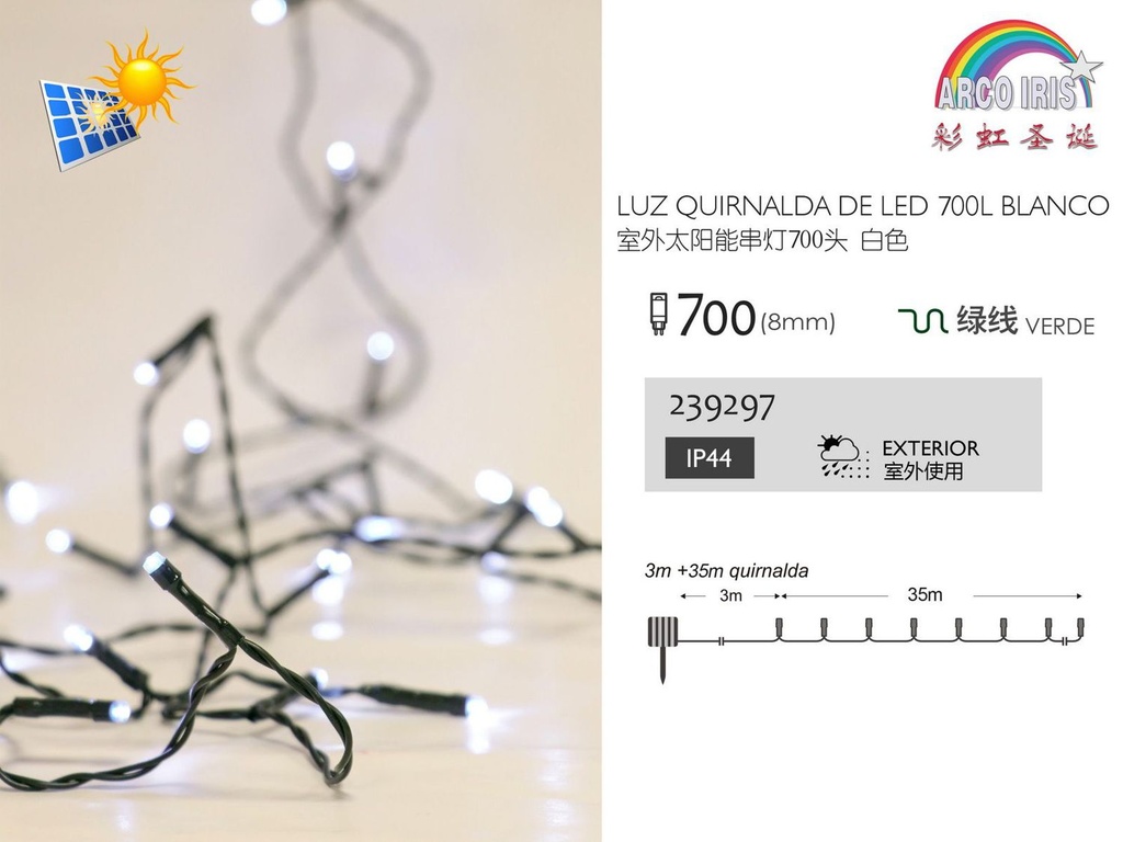 Guirnalda LED solar 700 luces blancas 24V 8 funciones para decoración navideña