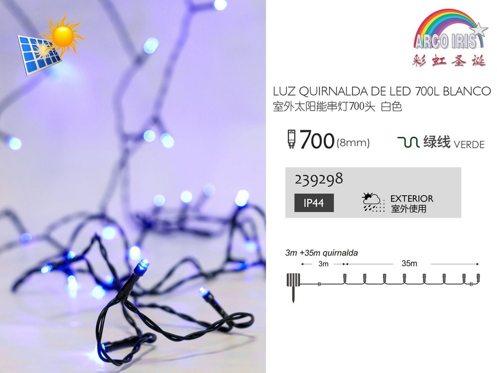 Guirnalda LED solar con 700 luces azules, 24V, 3m