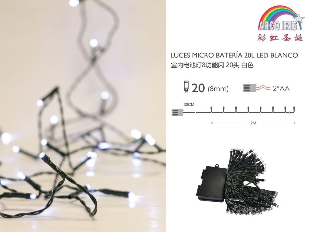 Luz de Navidad de batería con 20 LEDs y cable verde, blanca y parpadeante para decoración navideña