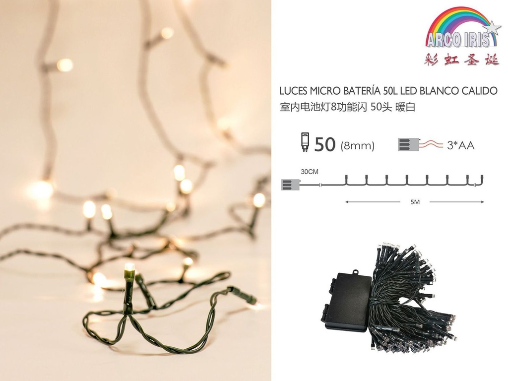 Luz de navidad de batería con 50 LED blanco cálido para decoración