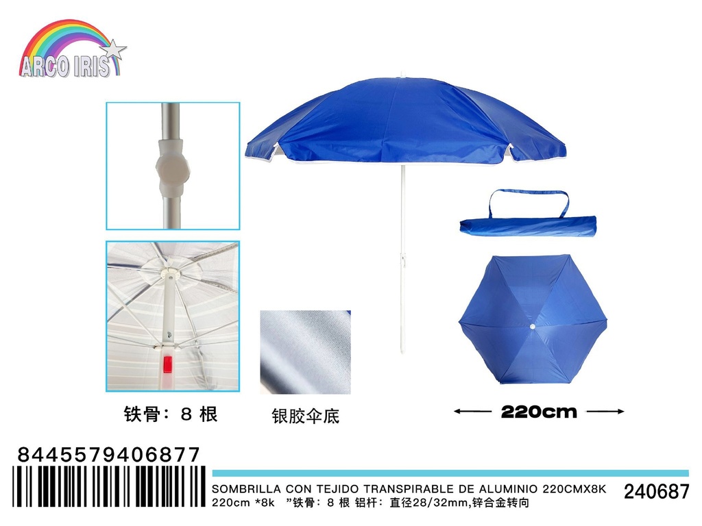 Sombrilla con tejido transpirable de aluminio 220cmx8k para exterior y jardín
