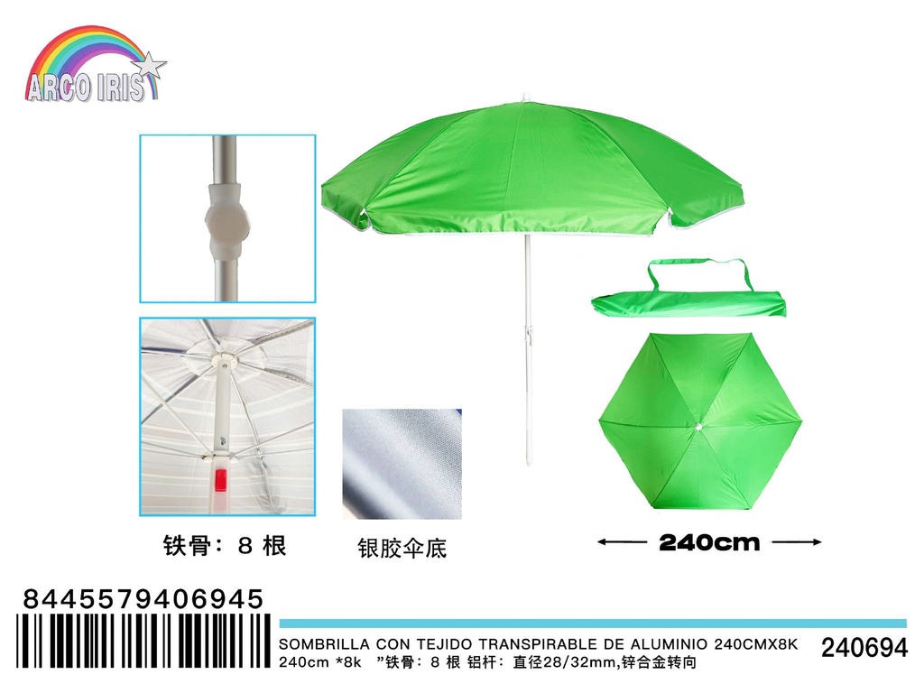 Sombrilla con tejido transpirable de aluminio 240cm para jardín y playa