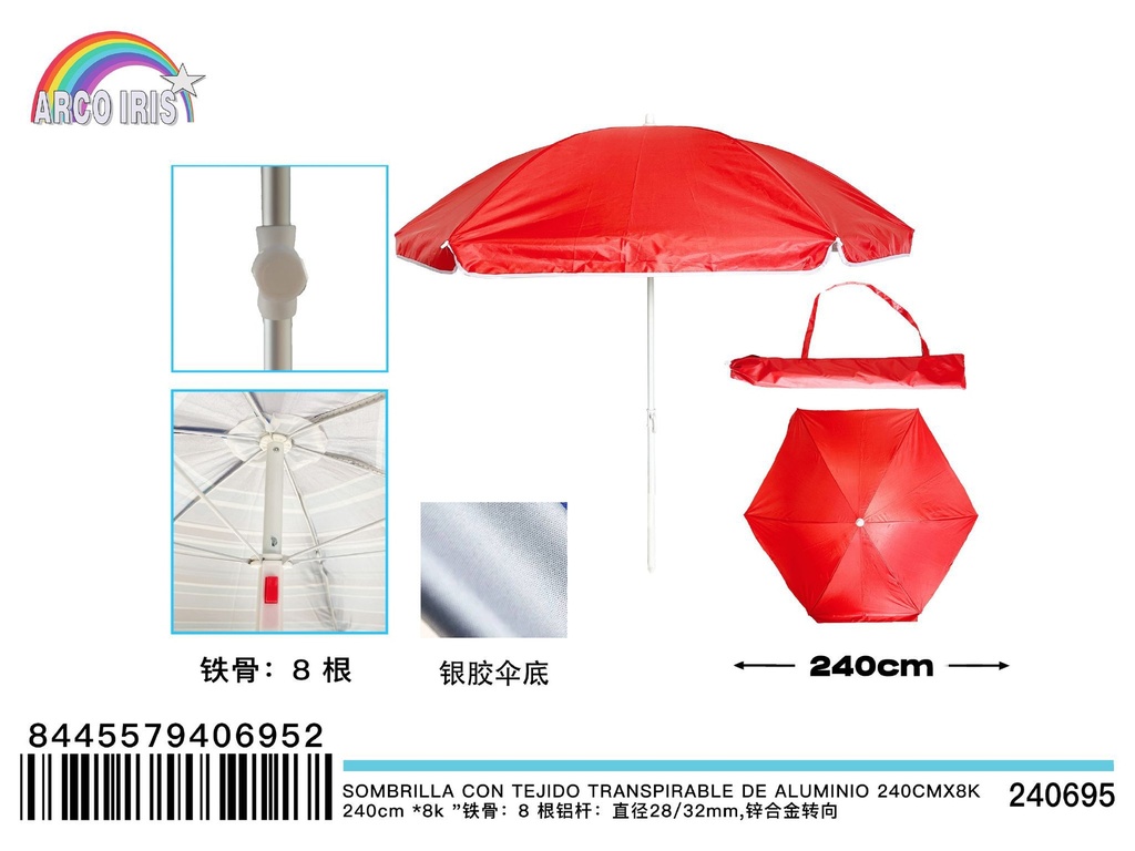 Sombrilla con tejido transpirable de aluminio 240cm para jardín y playa