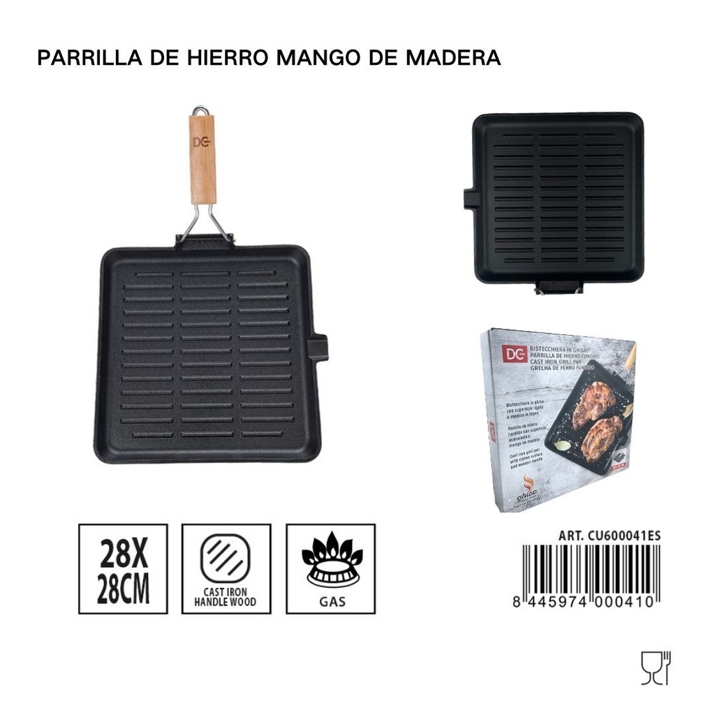 Parrilla de hierro con mango de madera 28x28cm para cocina