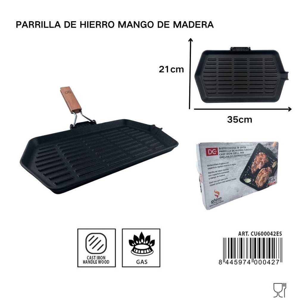 Parrilla de hierro mango de madera 36.5x24.3cm - Utensilios de cocina
