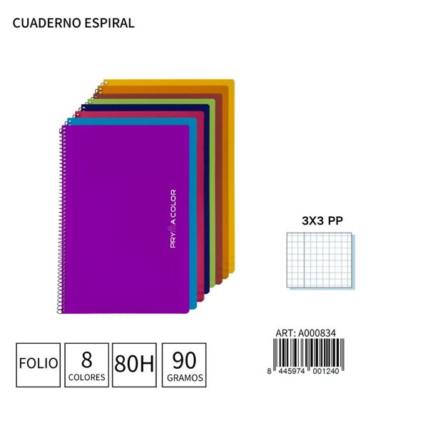 Cuaderno espiral Fº 80H/90G 3x3 PP