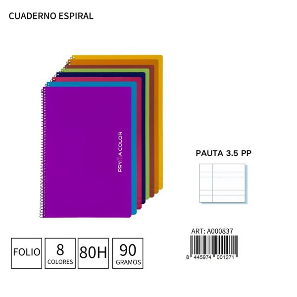 Cuaderno espiral Fº 80H/90G pauta 3.5 PP para notas y estudios