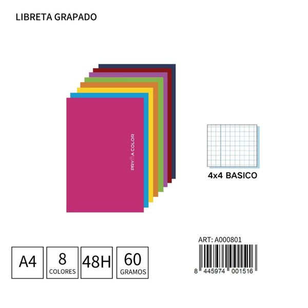 Cuaderno grapado A4 48 hojas 60g 4x4 tapa blanda Pryma