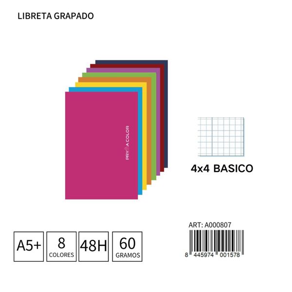 Libreta grapada A5+ 48 hojas/60g 4x4 tapa blanda para material escolar