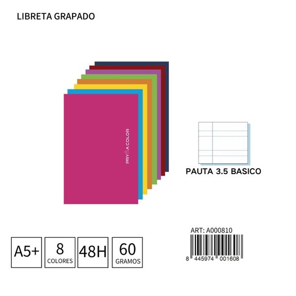 Libreta grapada A5+ 48 hojas 60g pauta 3,5 básica para notas