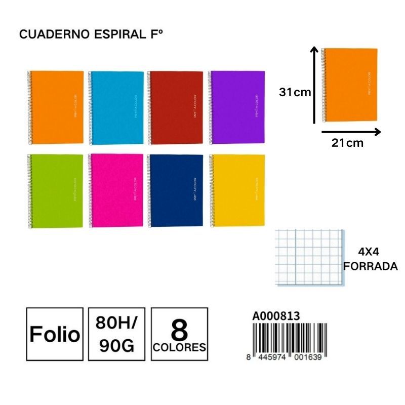 Cuaderno espiral forrado Fº 80h/90g 4x4 para oficina