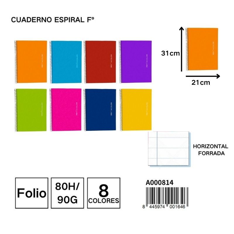 Cuaderno espiral Fº 80H/90G horizontal forrada para notas y escritura