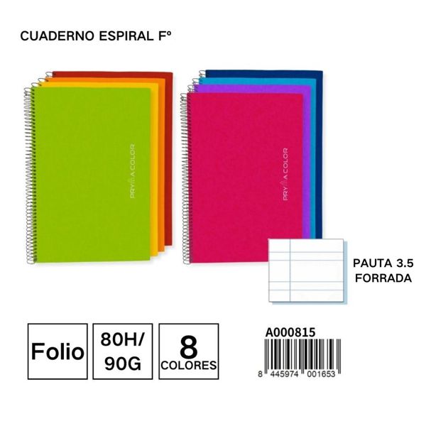 Cuaderno espiral Fº 80h/90g pauta 3.5 forrada para material escolar