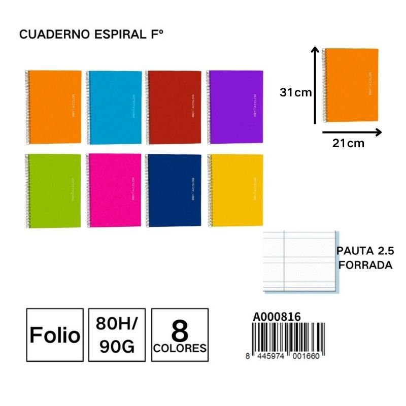 Cuaderno espiral Fº 80H/90G pauta 2,5 forrada con tapa dura