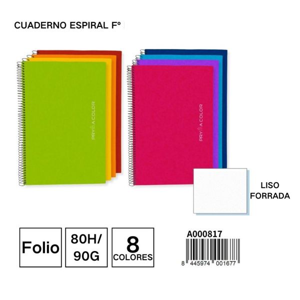 Cuaderno espiral forrado Fº 80H/90G liso