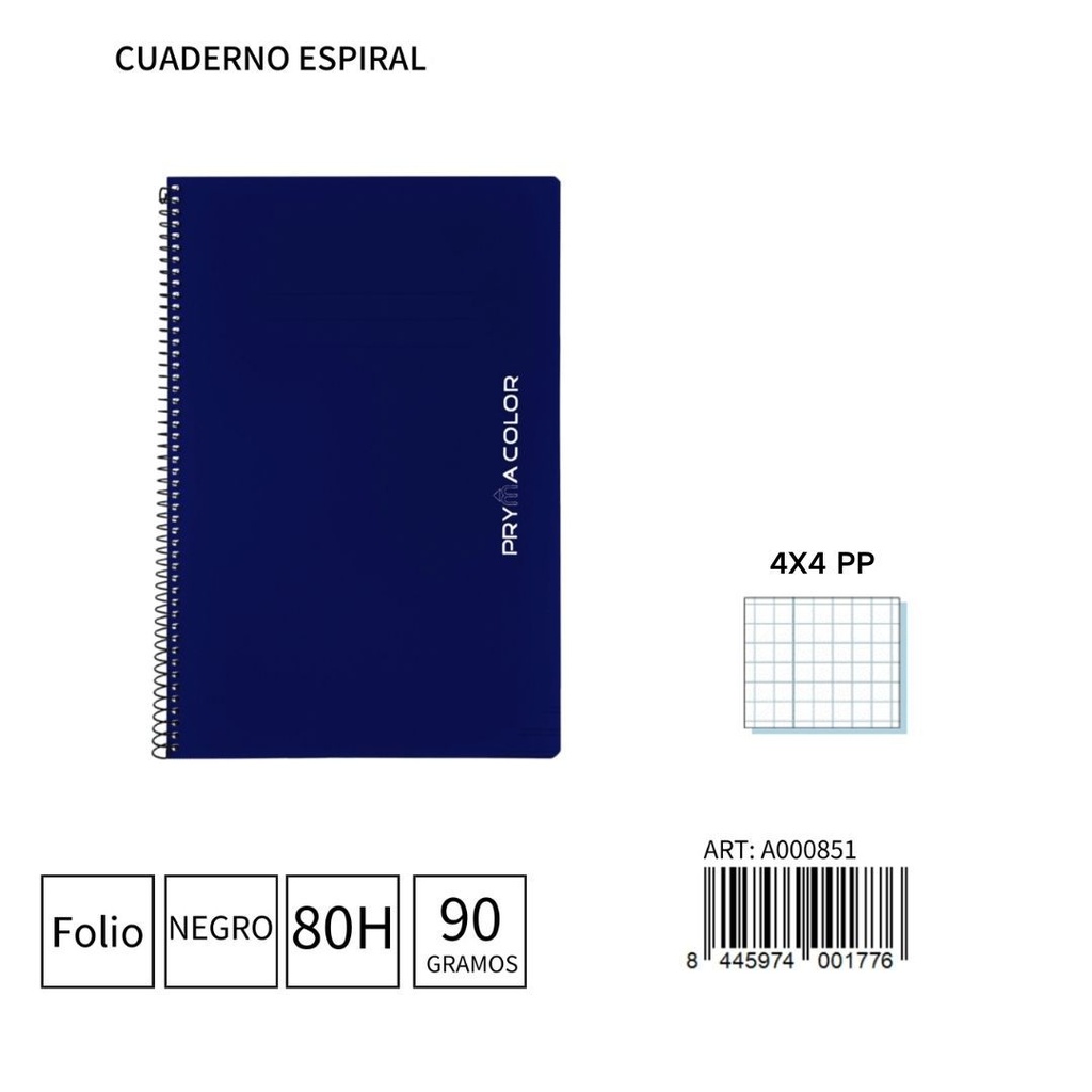 Cuaderno espiral Fº 80 hojas 90g 4x4 tapa PP