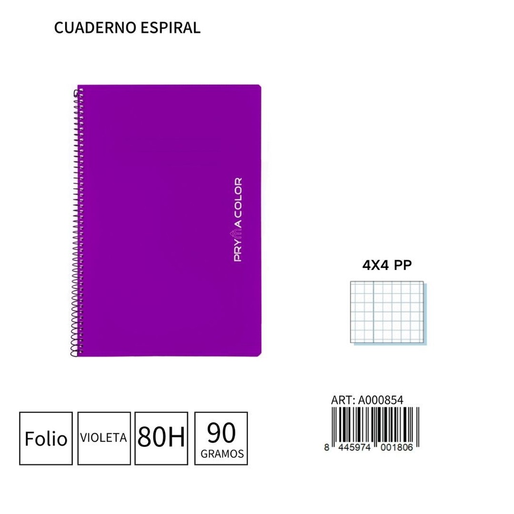 Cuaderno espiral Fº 80 hojas 90g 4x4mm PP