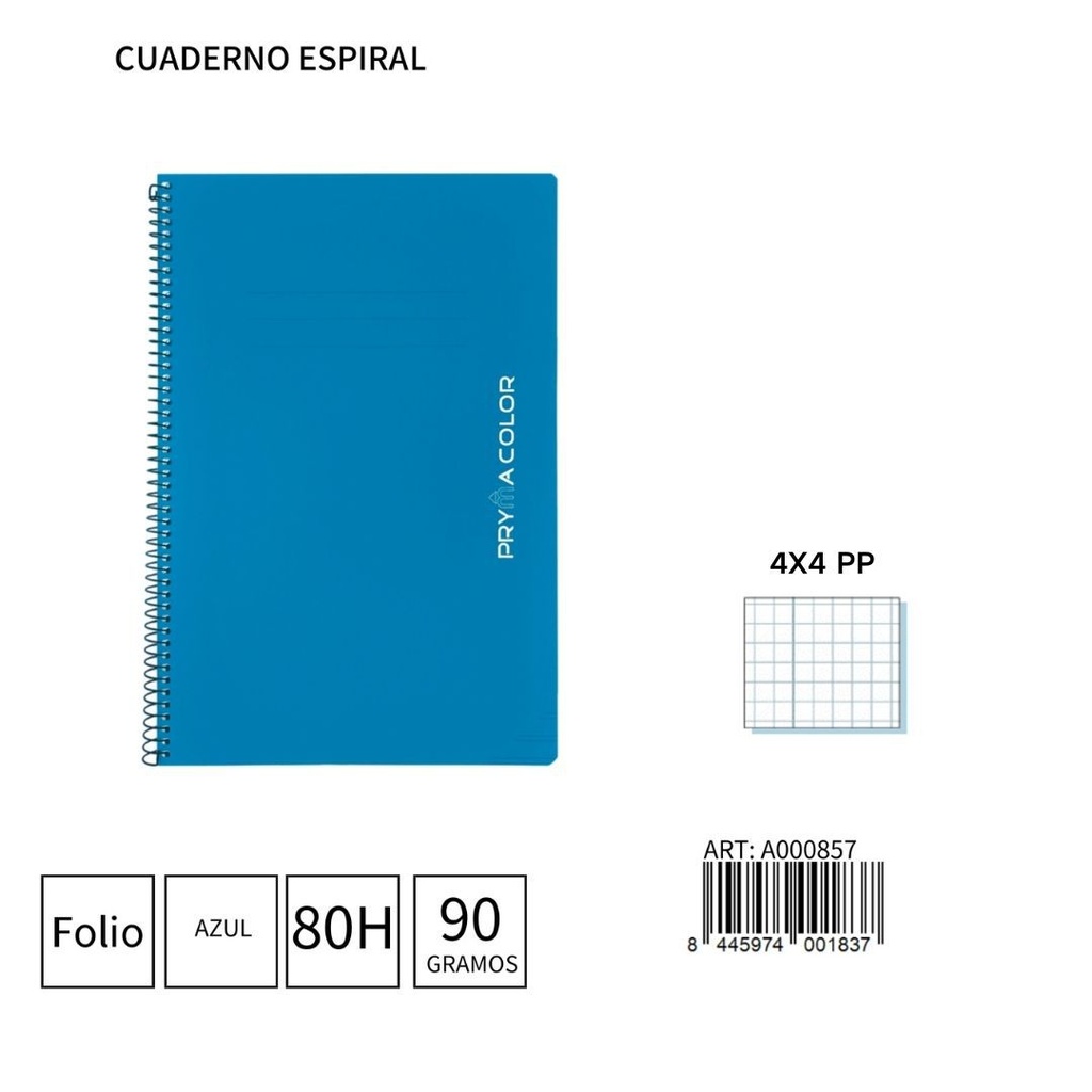 Cuaderno espiral Fº 80 hojas 90g 4x4 tapa pp