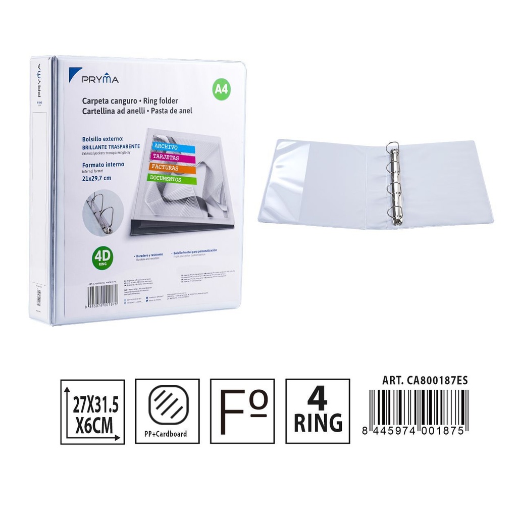 Carpeta Canguro PP 4 anillas 270x315 mm - Artículos de oficina