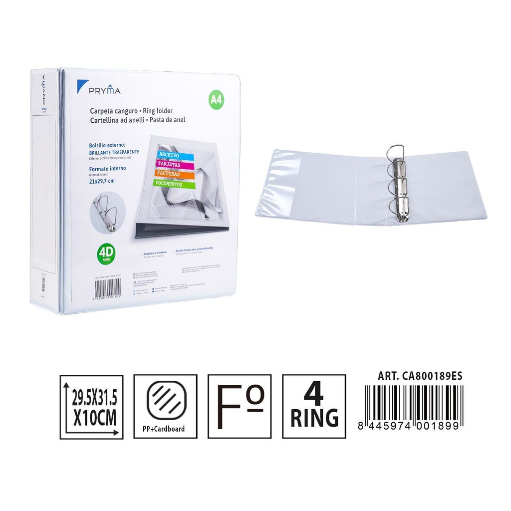 Carpeta Canguro PP 4 anillas 295x315 mm - Material de oficina y carpetas