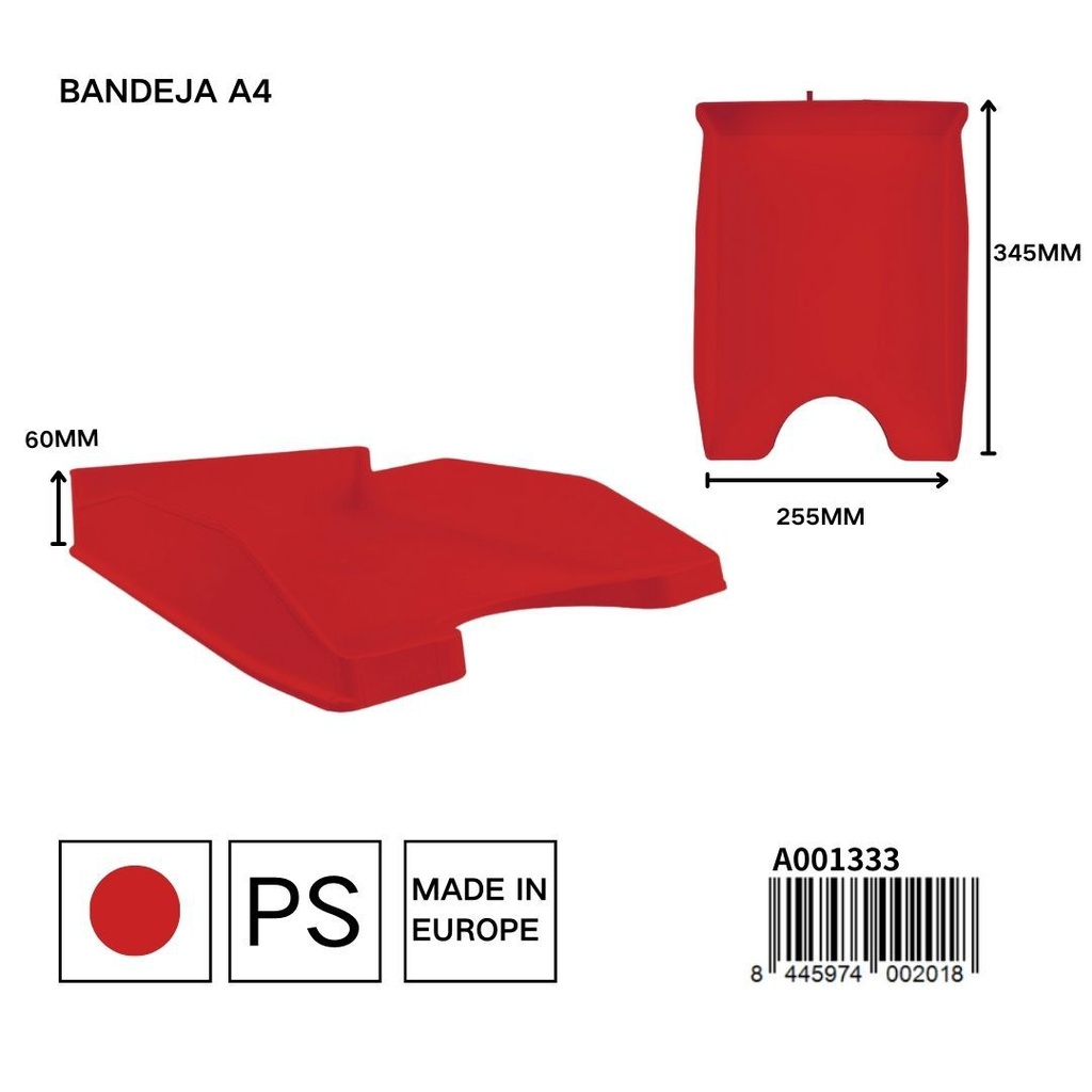 Bandeja roja A4 345x255x60 mm - Papelería