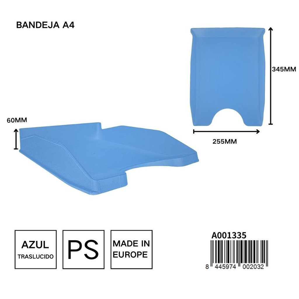Bandeja azul translúcido A4 345x255x60 mm - Papelería