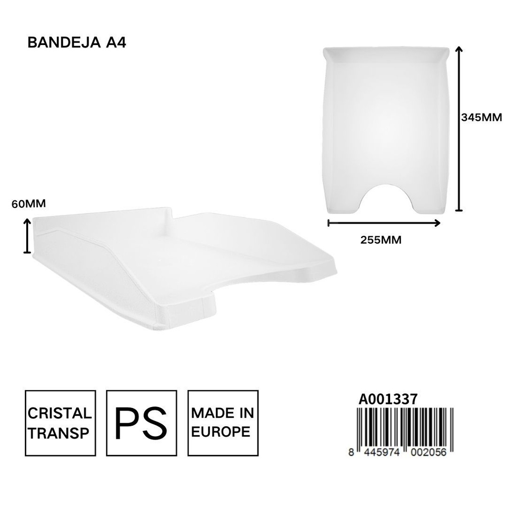 Bandeja de documentos transparente Pryma 345x255x60mm para oficina