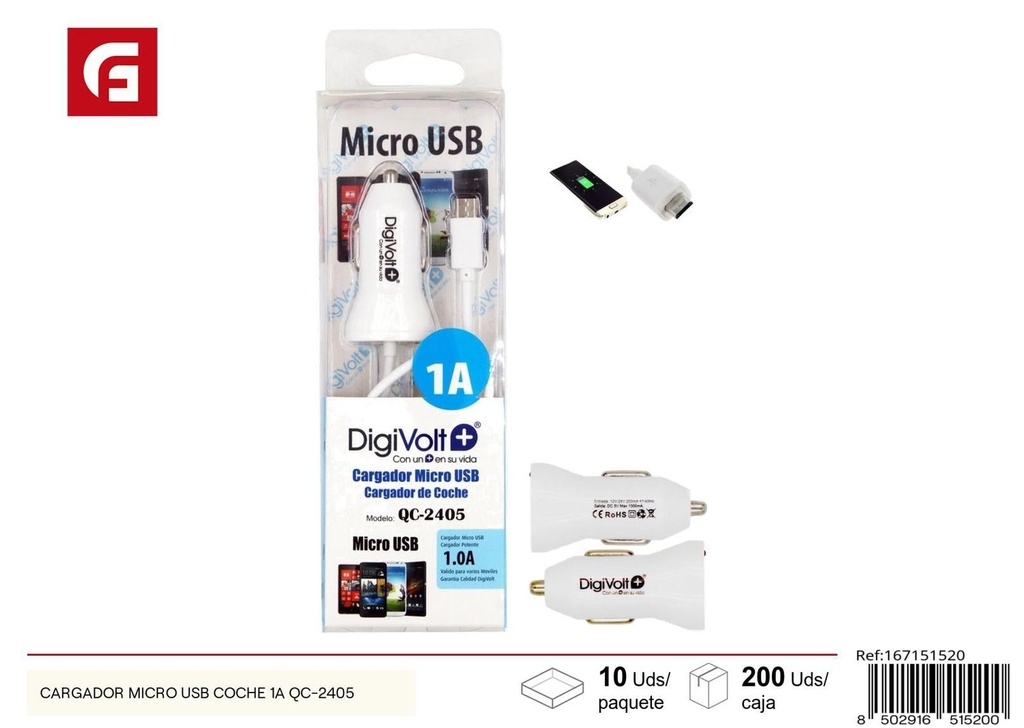 Cargador micro USB para coche 1A QC-2405