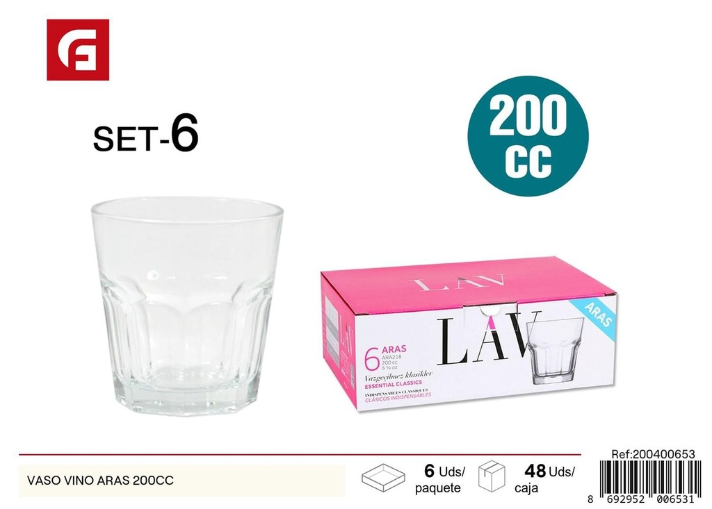 Vaso de vino 200cc modelo Aras - Vidrio y cristalería