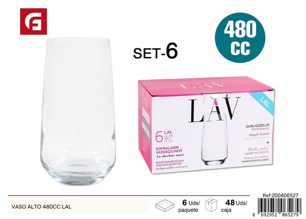 Vaso alto de vidrio 480 cc LAL - Vasos de vidrio