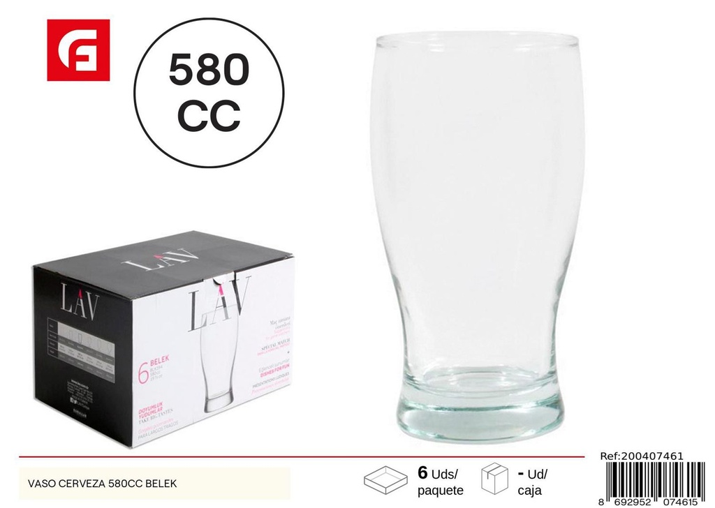 Vaso de cerveza 580cc Belek de vidrio para bebidas