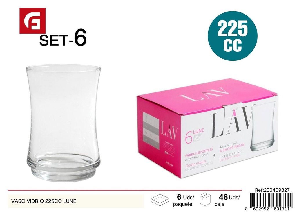 Vaso de vidrio Lune 225cc para bebidas