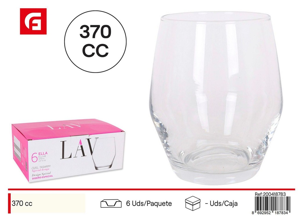 Vaso de vidrio 370cc Ella para bebidas