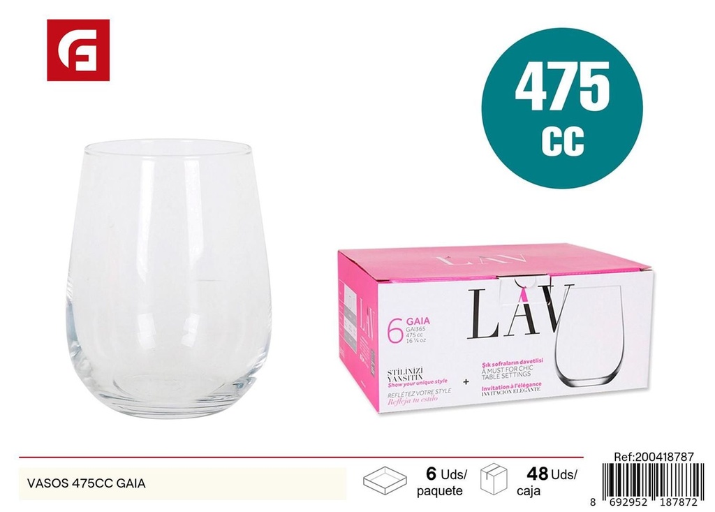 Vasos de vidrio Gaia 475cc para bebidas y cocina