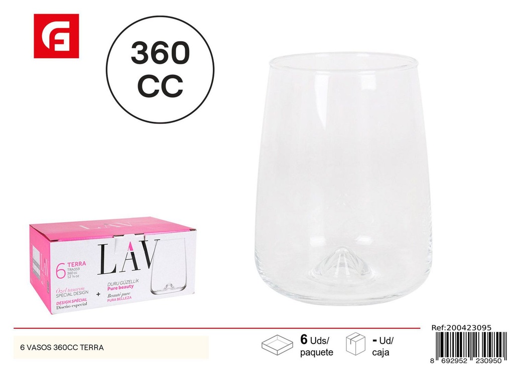 Vasos de vidrio Terra 360cc, 6 unidades